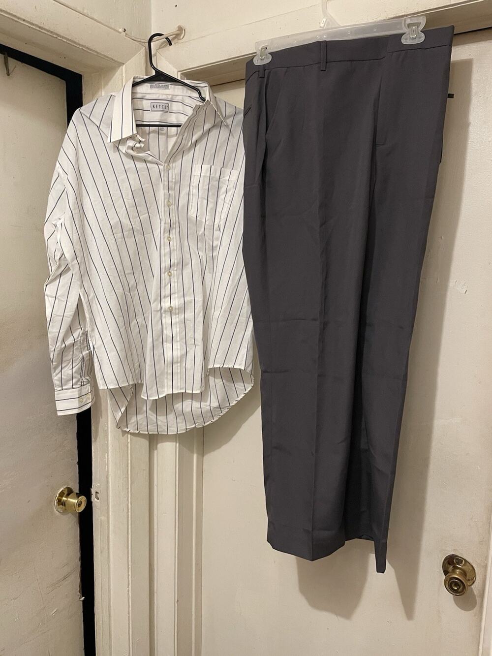Men’s Outfit Bundle Striped Button Down Shirt & Gray Dress Pants See Description